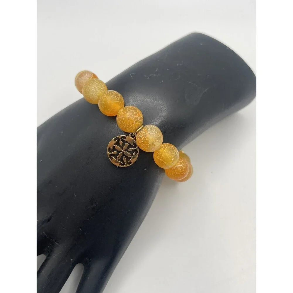 Rustic Cuff Orange Crackled Agate Stone Stretch Bracelet New